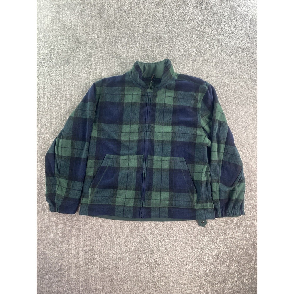 Nautica Jacket Men XXL Blue Green Blue Check Fleece Reversible Soft Shell Bomber